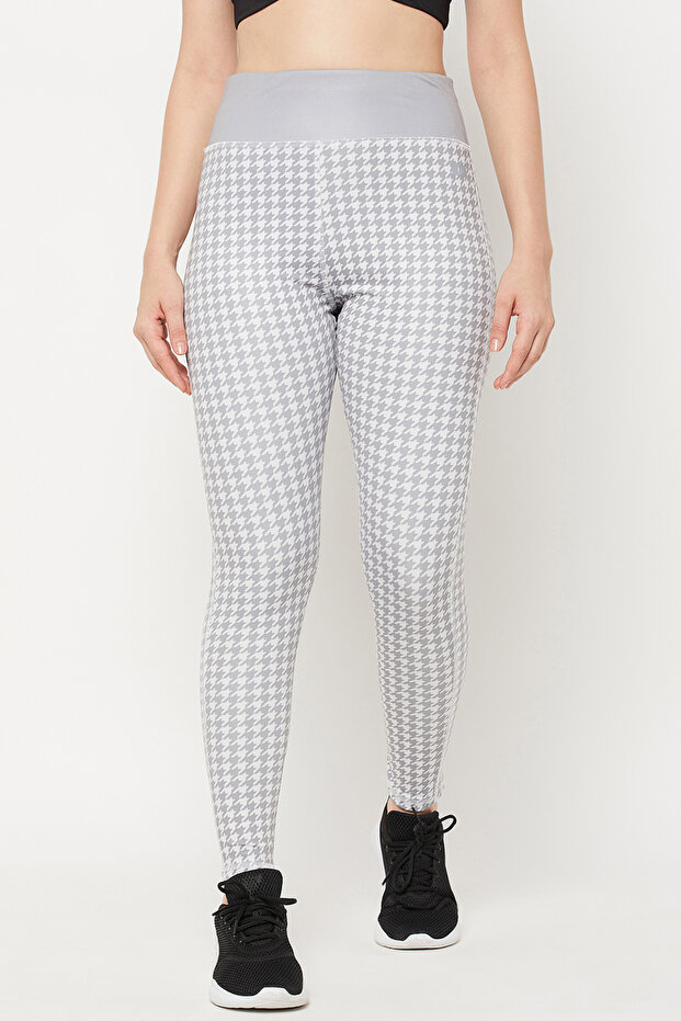 Snug Fit High-Rise Houndstooth Print Active Tights in Grey