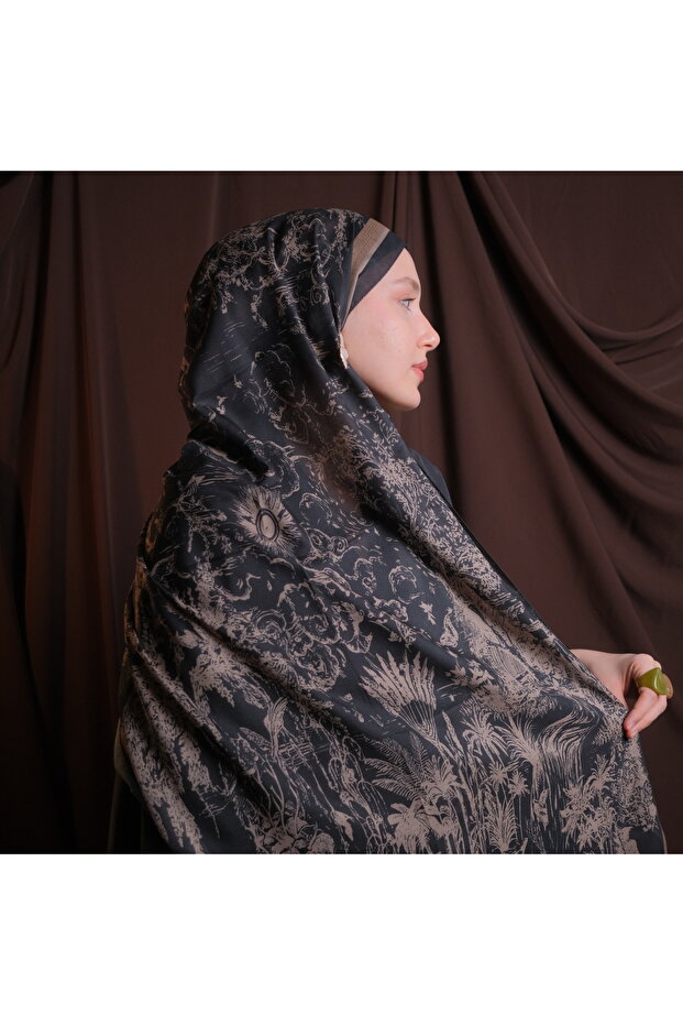 Soft Vintage Pattern Black Beige Shawl – Non-Slip Texture – Summer/Winter – 75X185