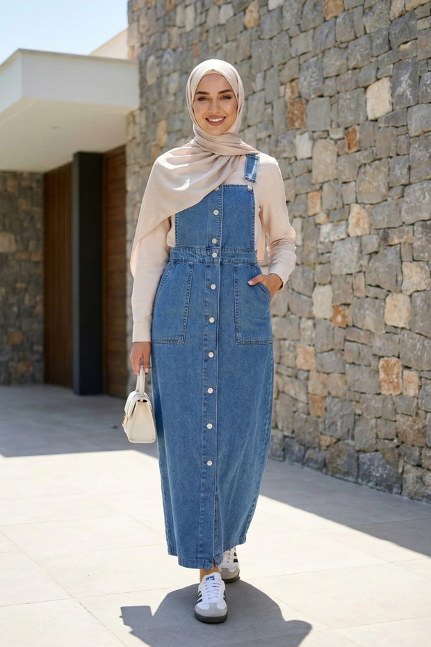 سالوبيت نسائي من الدنيم الأزرق بحزام قابل للتعديل وجيوب بأزرار