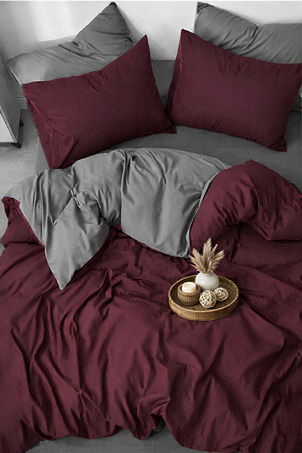 Burgundy & Gray, Double Duvet Cover Set – Modern Minimal Series
