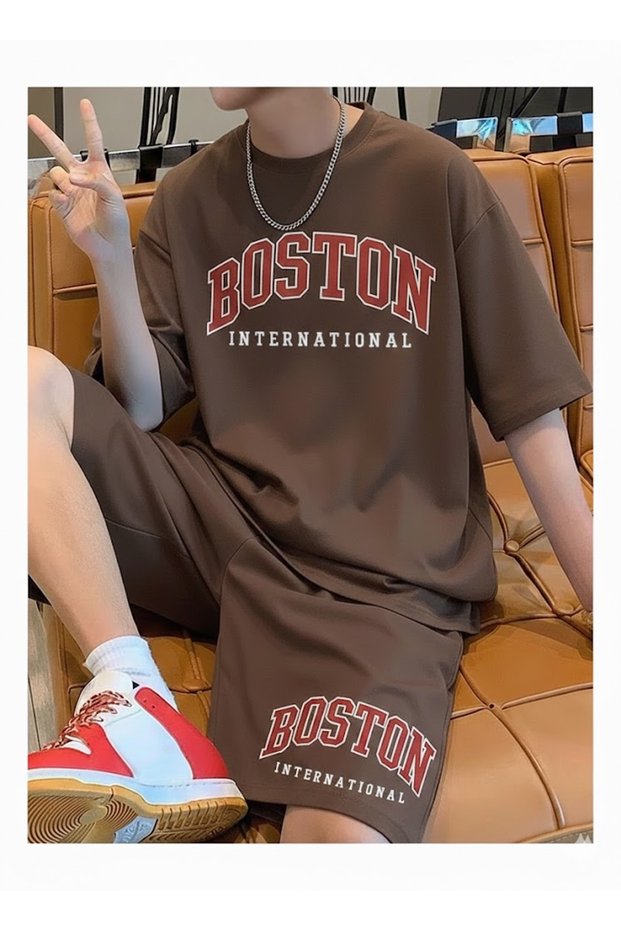 Unisex Boston Printed T-Shirt and Shorts Top and Bottom Set
