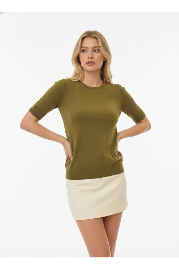 Women's Crew Neck Gold Button Detailed Short Sleeve Blouse