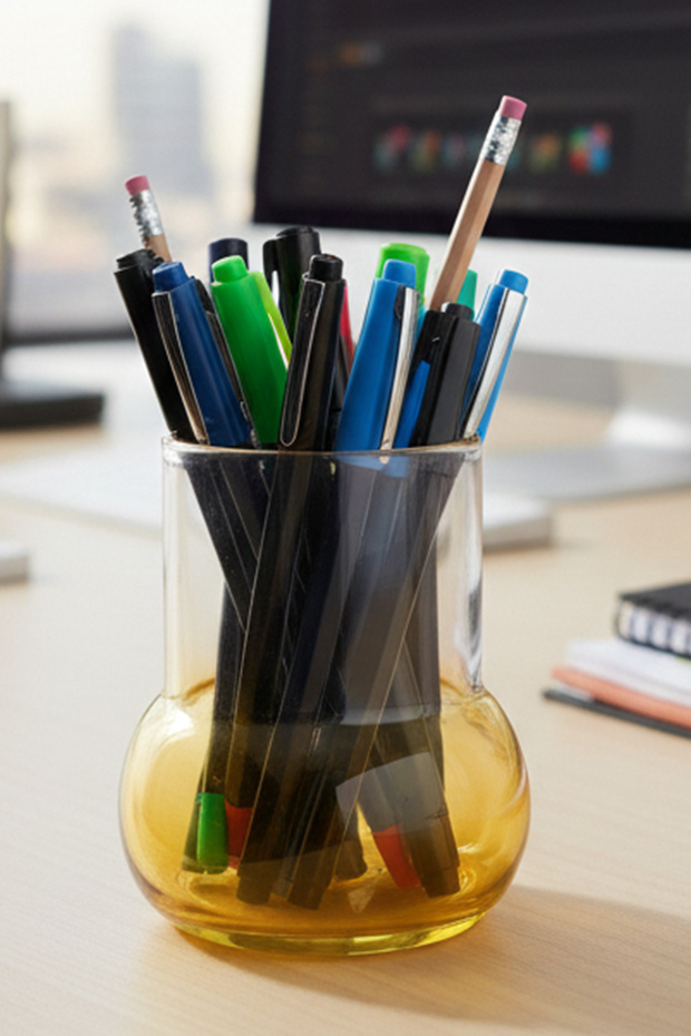 Minimalist Transparent Glass Pen Holder - Desktop Office Organizer (11X9 cm) - Amber Yellow