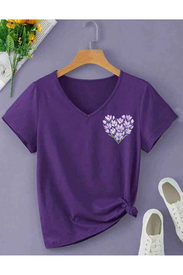 Mix Flowers Printed V-Neck Cotton Combed Cotton Short Sleeve Women's Tshirt