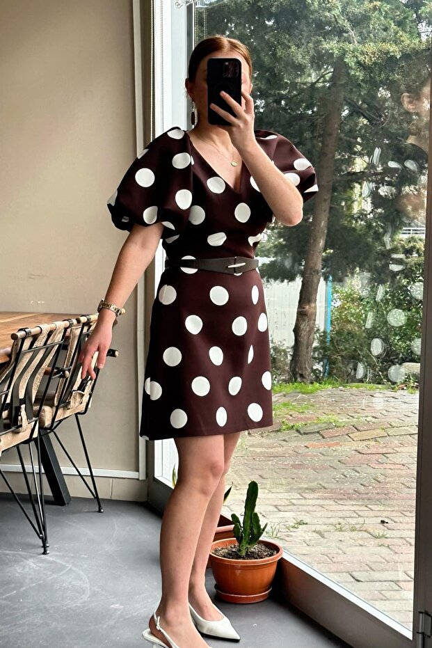Polka Dot Patterned Mini Dress with Belt Detail