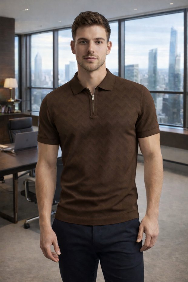 Men's Slim Fit Zippered Polo Collar Knitwear T-Shirt