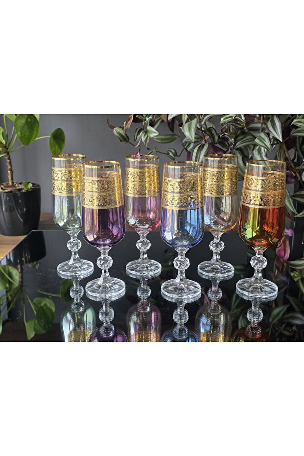 Handmade Crystal Alda Mixed 24K Gold Engraved 6-Piece Presentation Coffee Water Glass 180Cc