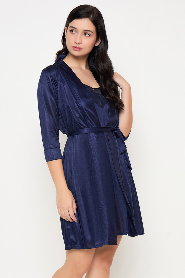 طقم أنيق وبسيط من فستان نوم قصير وروب باللون الكحلي - ساتان - 8