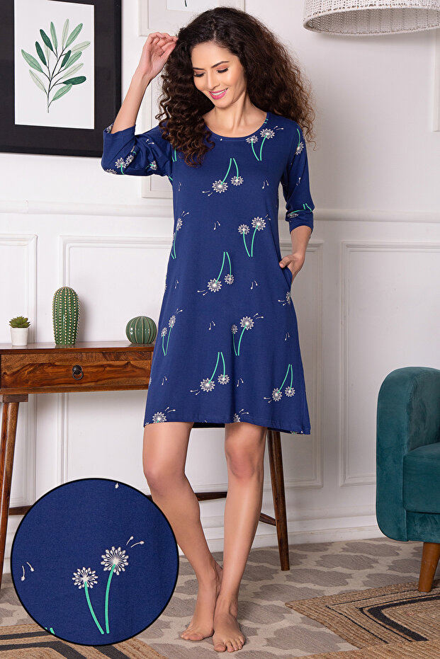 Pretty Florals Long Sleep Tee in Navy - 100% Cotton