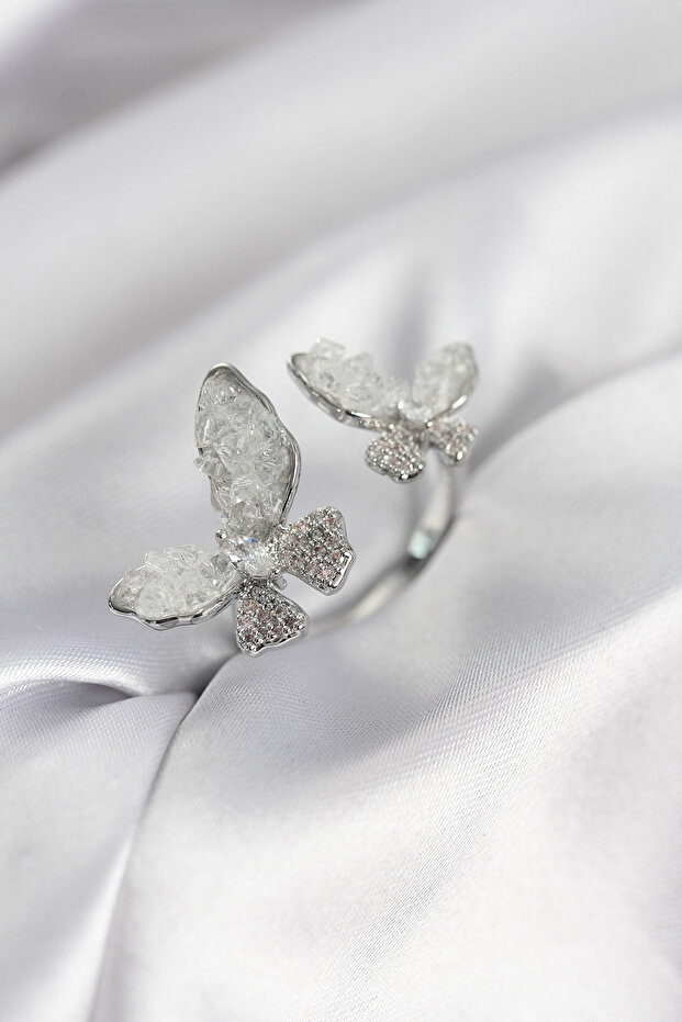 Silver Color White Butterfly Model Zircon Stone Women's Ring