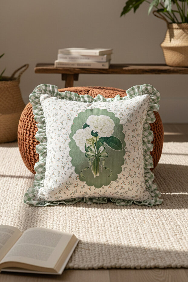 Green Hydrangea Bouquet Patterned Gingham Ruffled Throw Pillow Cover 1 Piece
