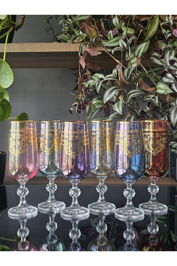Handmade Crystal Elizabet Mixed 24K Gold Engraved 6-Piece Presentation Coffee and Water Glass Set 180Cc