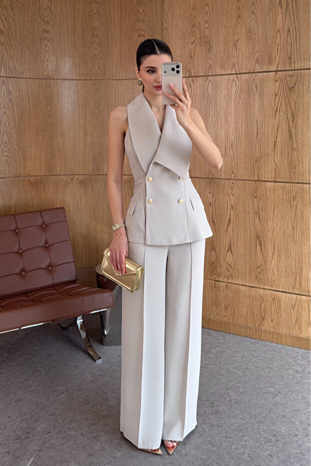 Beige Asymmetric Collar Gold Buttoned Vest Trousers Set - 9692