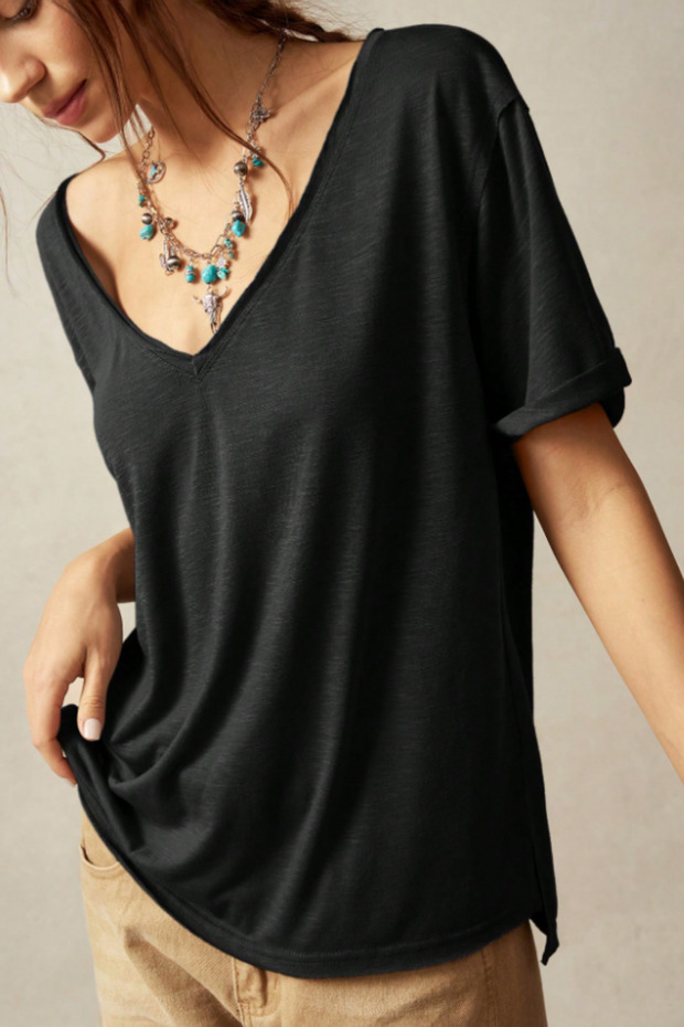 Kadın Siyah Oversize-Salaş V Yaka Basic Tişört - 5