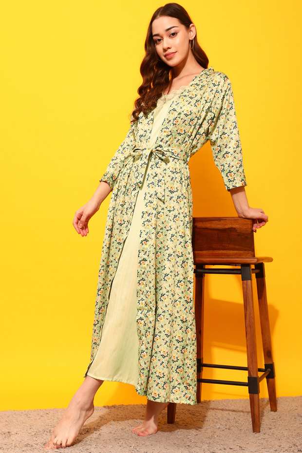 Chic Basic Long Nighty & Pretty Florals Robe in Mint Green - Satin - 4