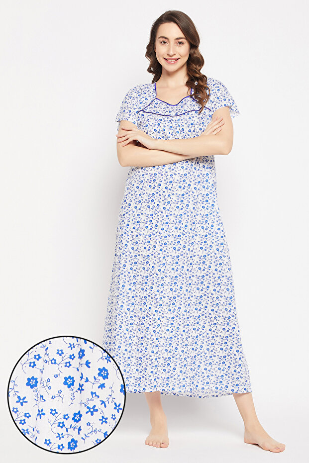 Pretty Florals Long Nighty in White - 100% Cotton
