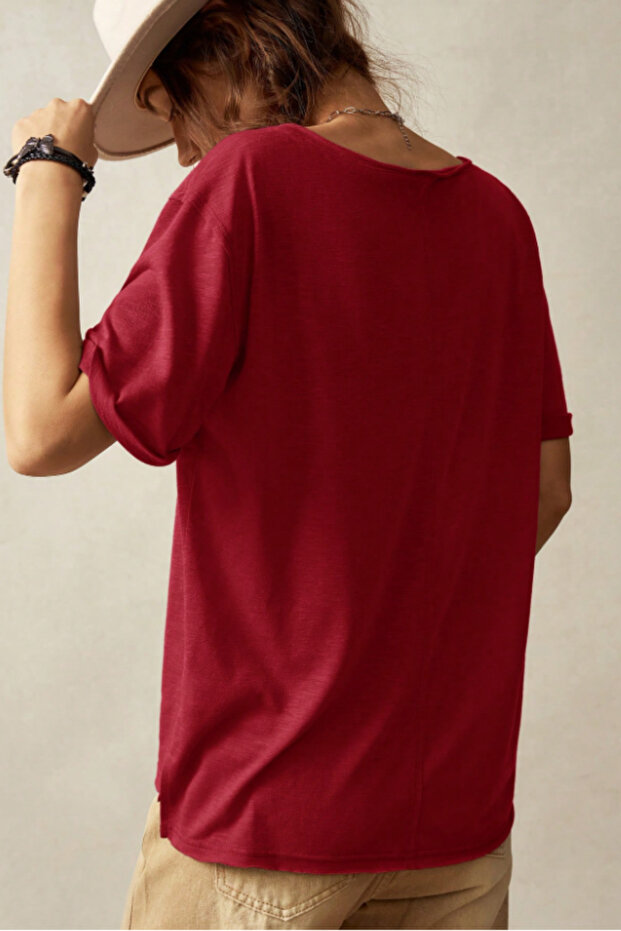 Kadın Bordo Oversize-Salaş V Yaka Basic Tişört - 6