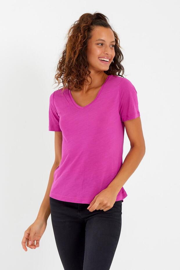 Women's Modal Fabric V-Neck Piece T-shirt Fuchsia