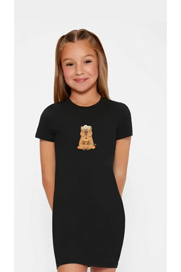 Girl's Capybara Printed Black Mini Tight Dress