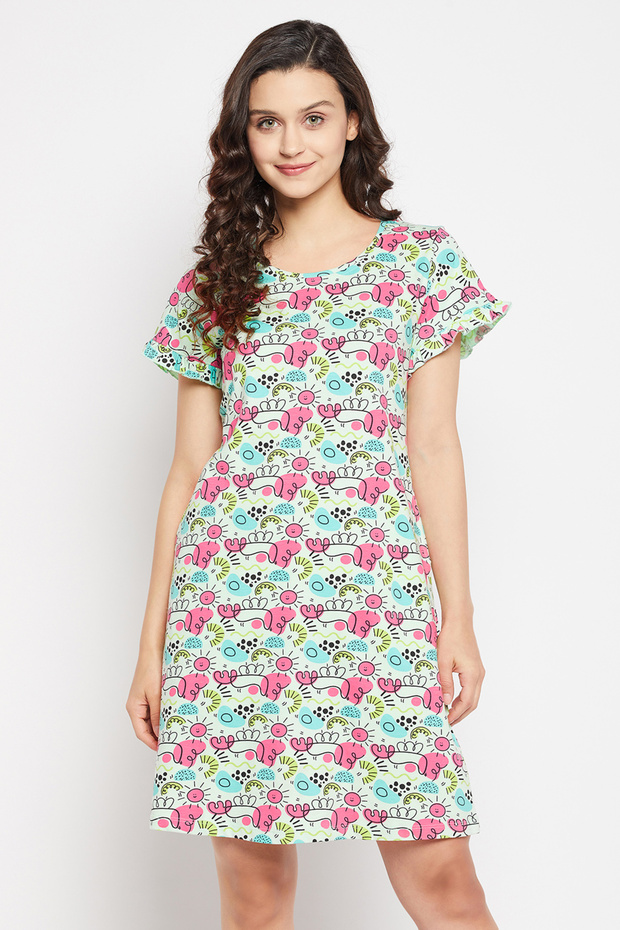 Print Me Pretty Short Night Dress in Baby Blue - 100% Cotton
