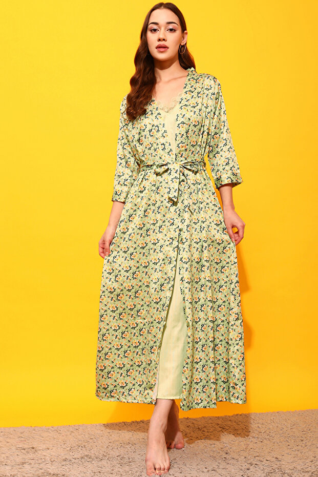 Chic Basic Long Nighty & Pretty Florals Robe in Mint Green - Satin - 2