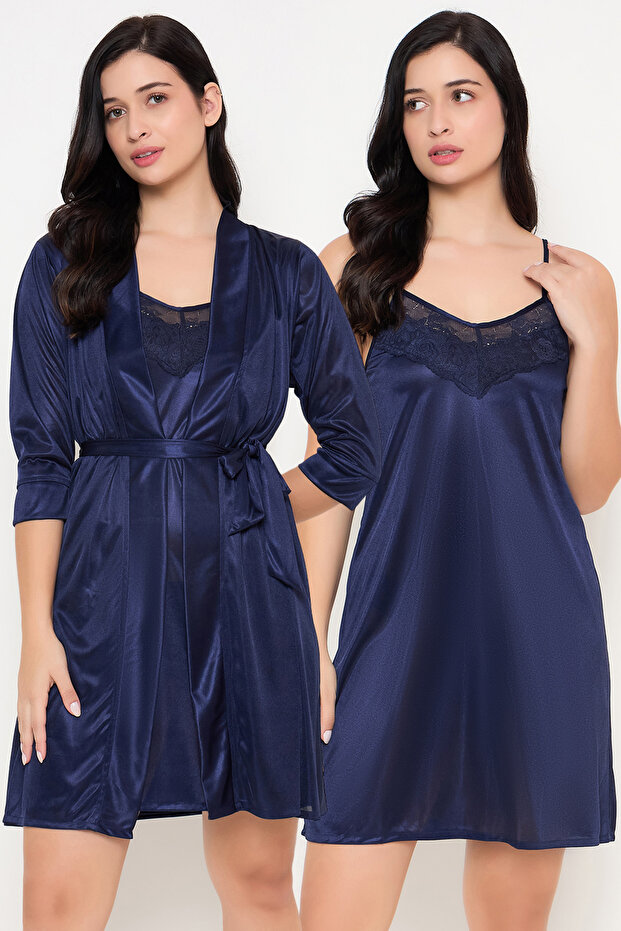 طقم أنيق وبسيط من فستان نوم قصير وروب باللون الكحلي - ساتان - 1