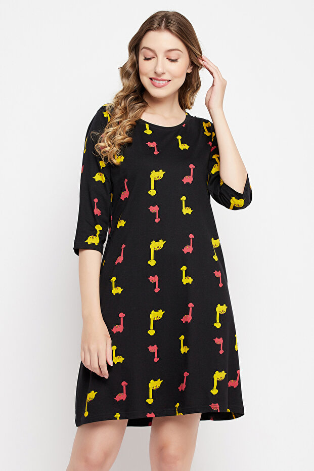 Dinosaur Print Short Night Dress in Black - 100% Cotton