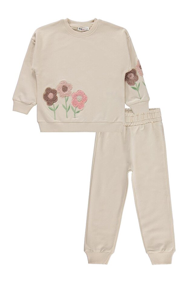 Civil Girl's Floral Embroidered Tracksuit Set | School Nursery and Daily Use - Beige