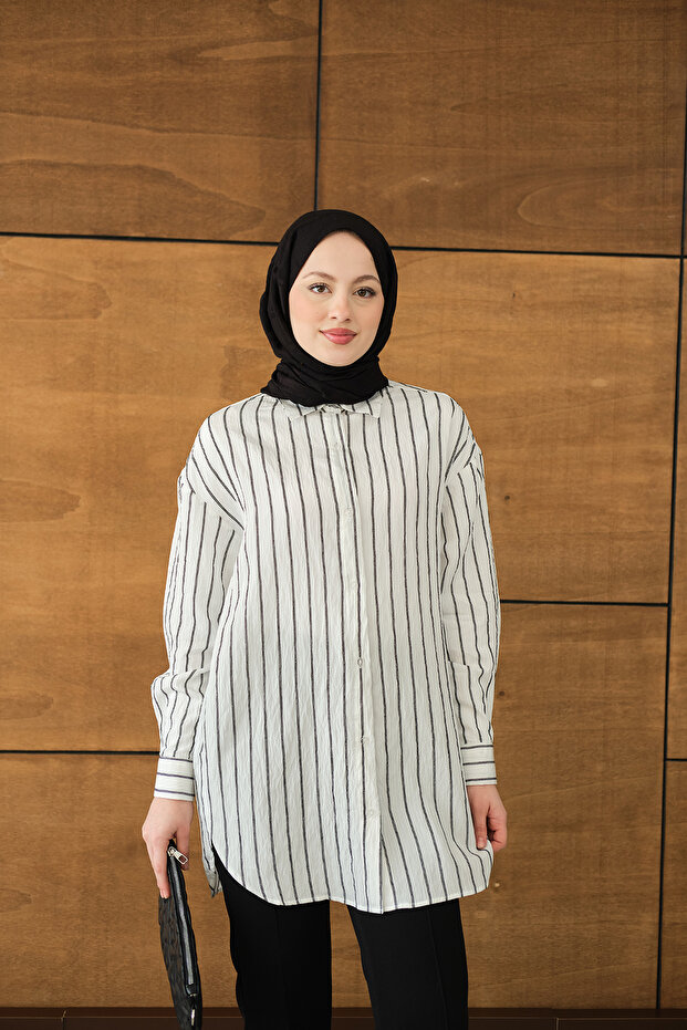 Kadın Çizgili Basic Gömlek Beyaz - 2