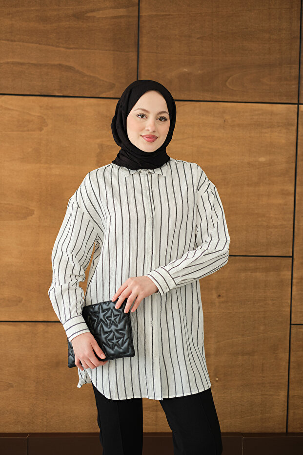 Kadın Çizgili Basic Gömlek Beyaz - 5