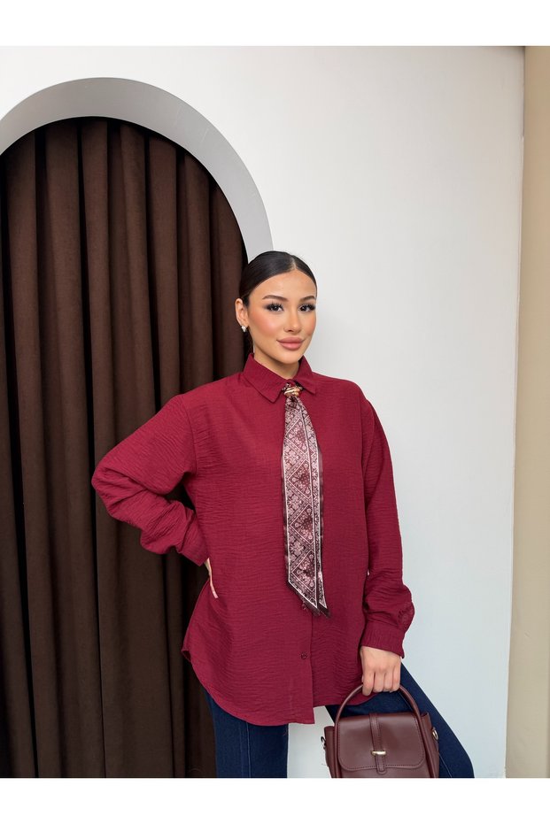 Textured Shirt with Collar Accessories and Scarf Detail 9003 - Claret Red