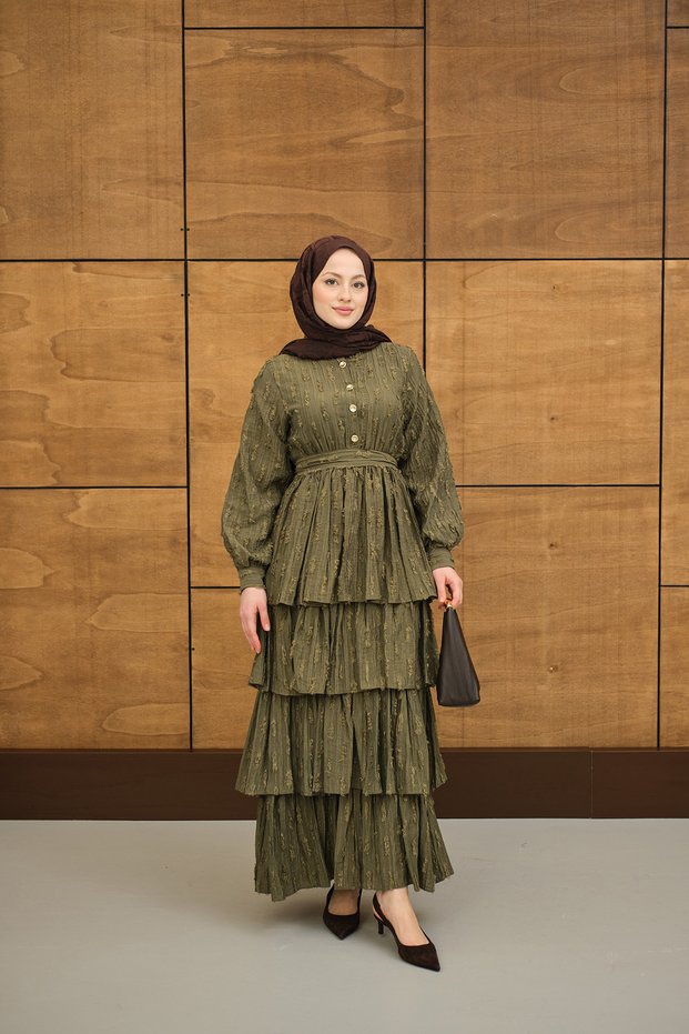 Women's Scallop Flounce Belt Detail Dress Green