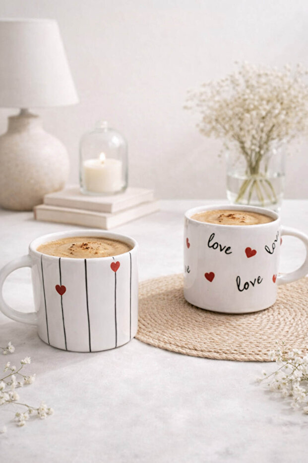 Set of 2 Heart-Shaped Ceramic Coffee Cups – Modern Design Heart Patterned Ceramic Mug