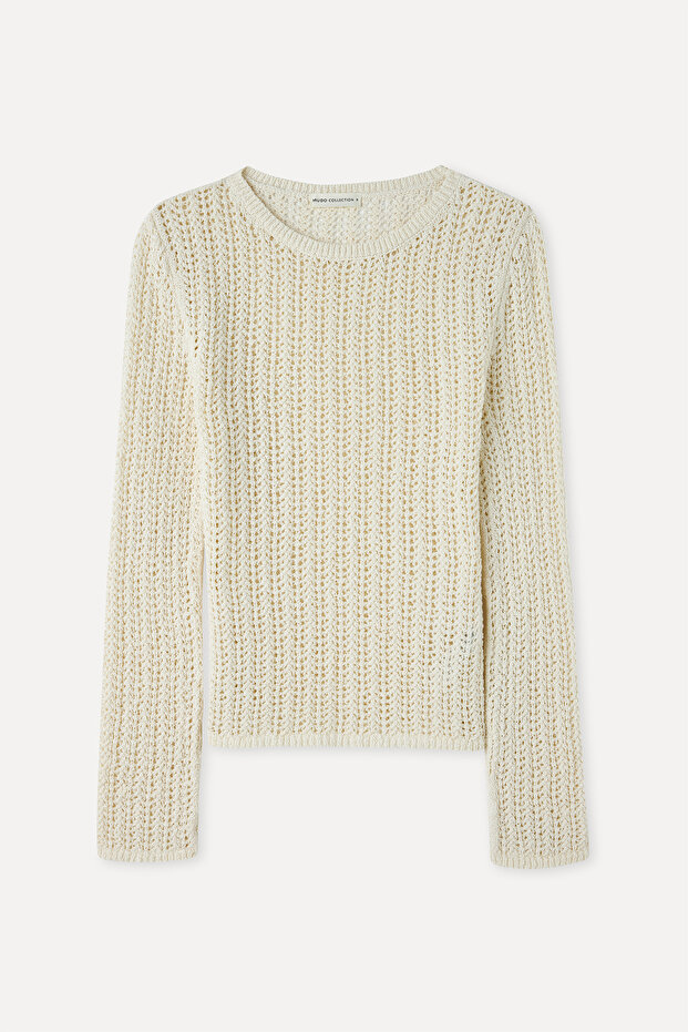 Women's Ecru Jacquard Crew Neck Knitted Sweater