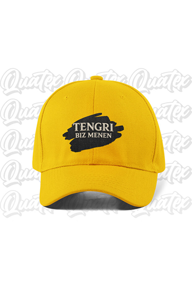 Tengri Biz Menen Embroidered Turkish Hat - Yellow Color 100% Cotton Gabardine Unisex Model Hat