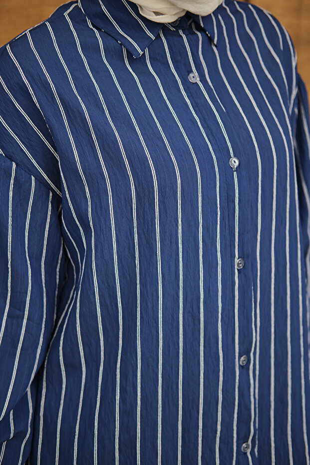 Kadın Çizgili Basic Gömlek Lacivert - 6