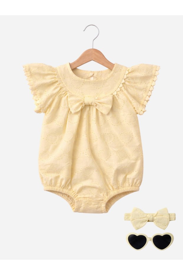 Baby Girls’ Broderie Romper – Heart Eyelet Cotton Playsuit (Yellow)