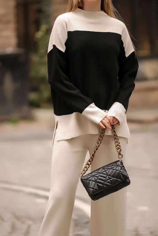 Half Turtleneck Stripe Detailed Color Blocked Sweater Elastic Waist Straight Leg Trousers Double Knitwear Set