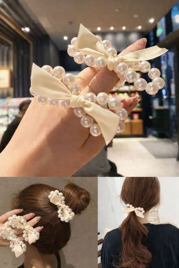 2-Piece Pearl Bow Model Rubber Buckle