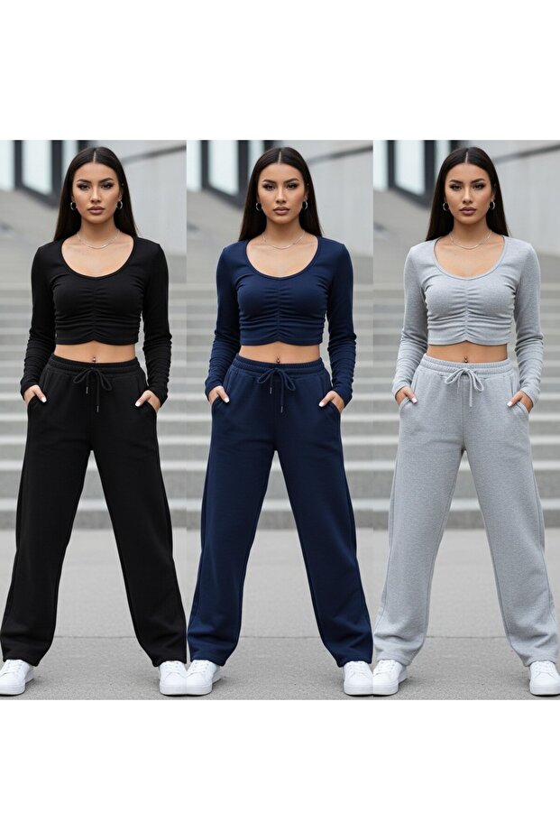 Seasonal 3-Piece Black Gray Navy Blue Wide Leg Sweatpants