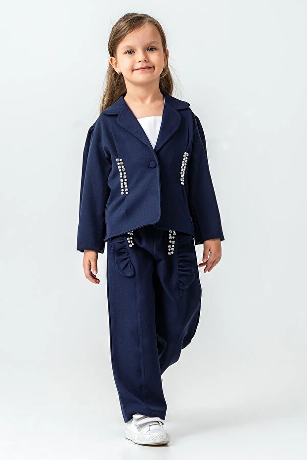 My Little One's 3-Piece Girls' Set with Stoned Jacket - Navy Blue