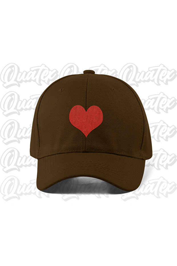 Heart Embroidered Hat - Brown Color 100% Cotton Gabardine Unisex Model Hat
