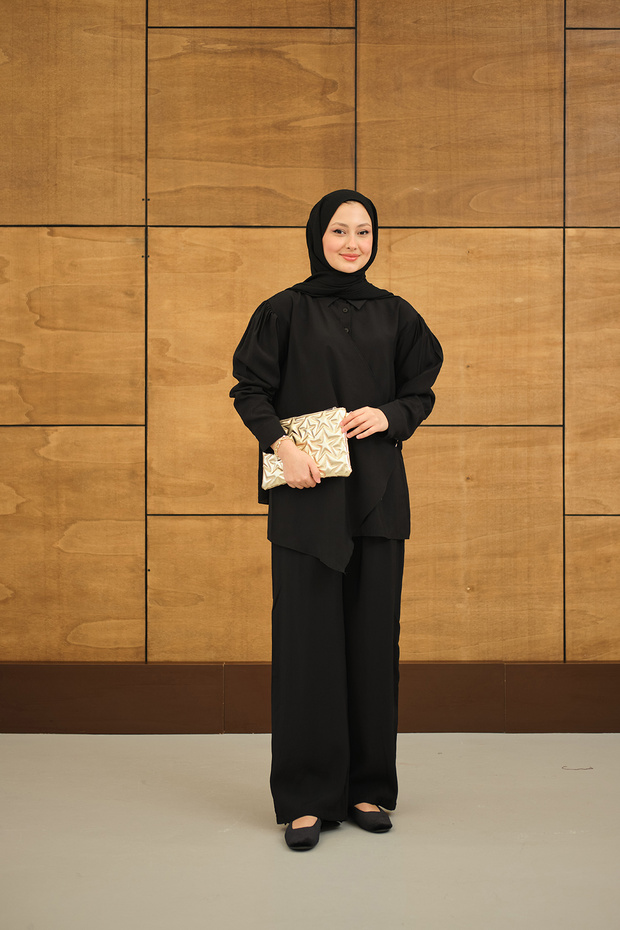 Women's Gold Button Detailed Modal Suit with Trousers Black
