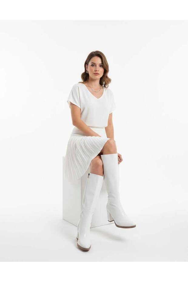 Women's Lamor White 7 cm Side Zipper Below the Knee Boots White