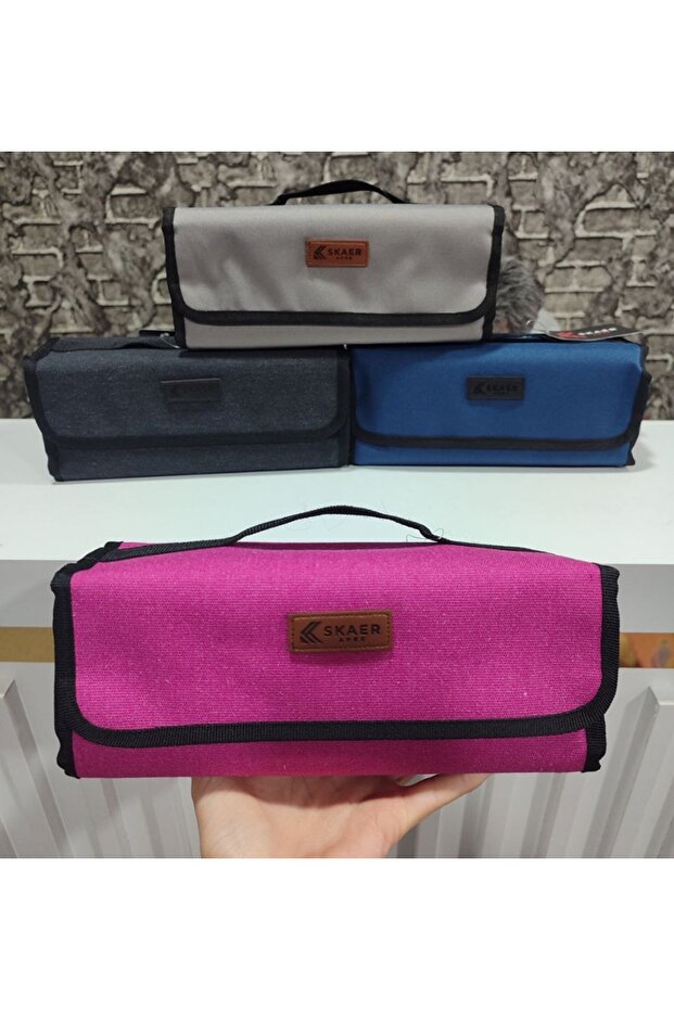 Canvas Openable 4 Compartment Pen Holder Makeup Bag