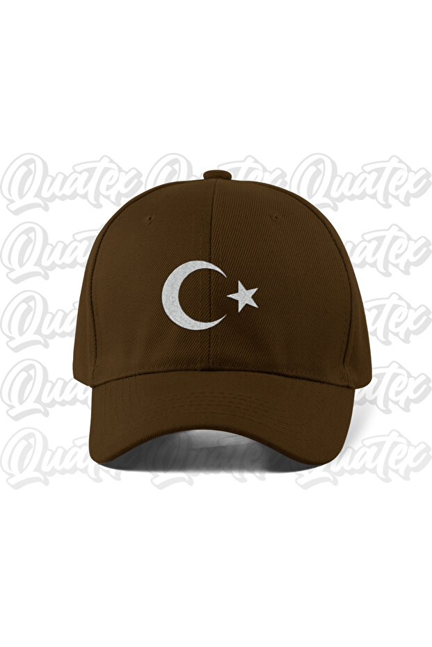 Moon Star Embroidered Hat - Brown Color 100% Cotton Gabardine Unisex Model Hat
