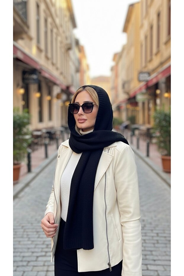 Women's Black Hooded Knitwear Scarf Soft Textured Long Shawl Model