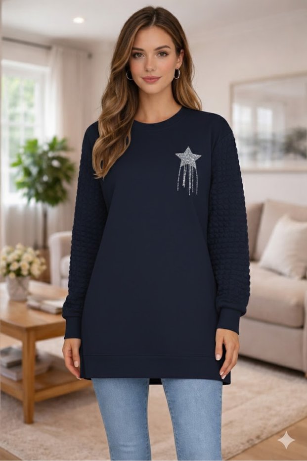 Günpa 275-02-26 Women's Long Tunic Star Stone Detailed Wrinkled Sleeve Sweatshirt