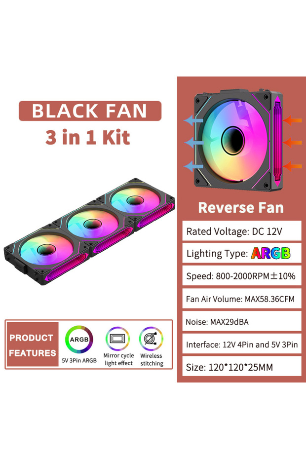 مروحة كمبيوتر A-RGB Coolcirc ARGB Infinity Mirror باللون الأسود كما هو موضح - حزمة من 3 قطع مقاس 120 مم مع سلك توصيل مجاني