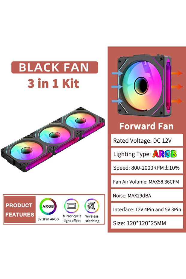 مروحة كمبيوتر A-RGB Coolcirc ARGB Infinity Mirror باللون الأسود كما هو موضح - حزمة من 3 قطع مقاس 120 مم مع سلك توصيل مجاني